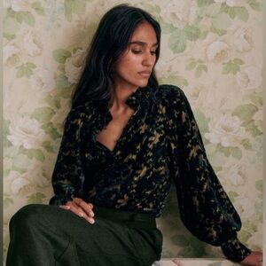 Sezane Loubna Blouse in Bottle Green Jacquard